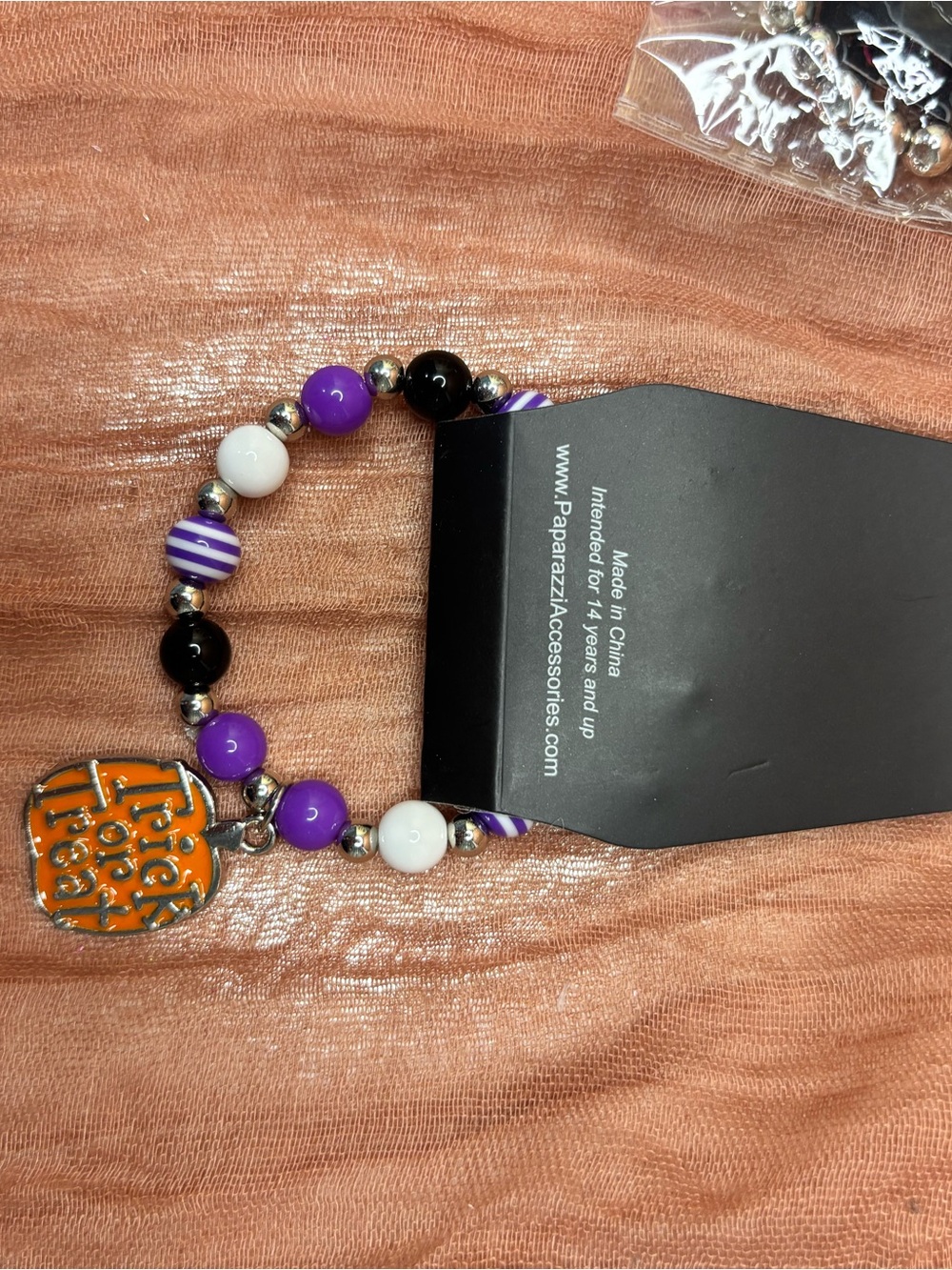 Paparazzi Purple, Black, White and Orange Beaded Bracelet with Charm